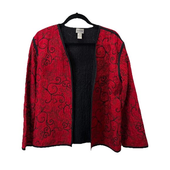 Chico's Tops - Chicos Size 2 Red Black Embroidered Open Front Jacket Top 100% Silk US L